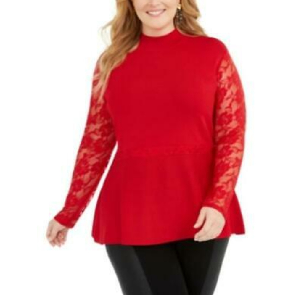 INC International Concepts Red Lace Sleeve Top